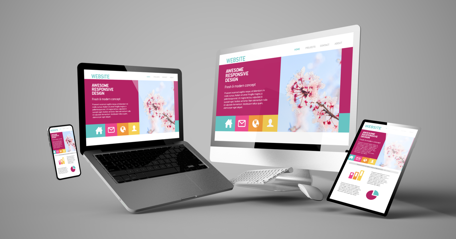 A responsive website on laptop, desktop, tablet and phone